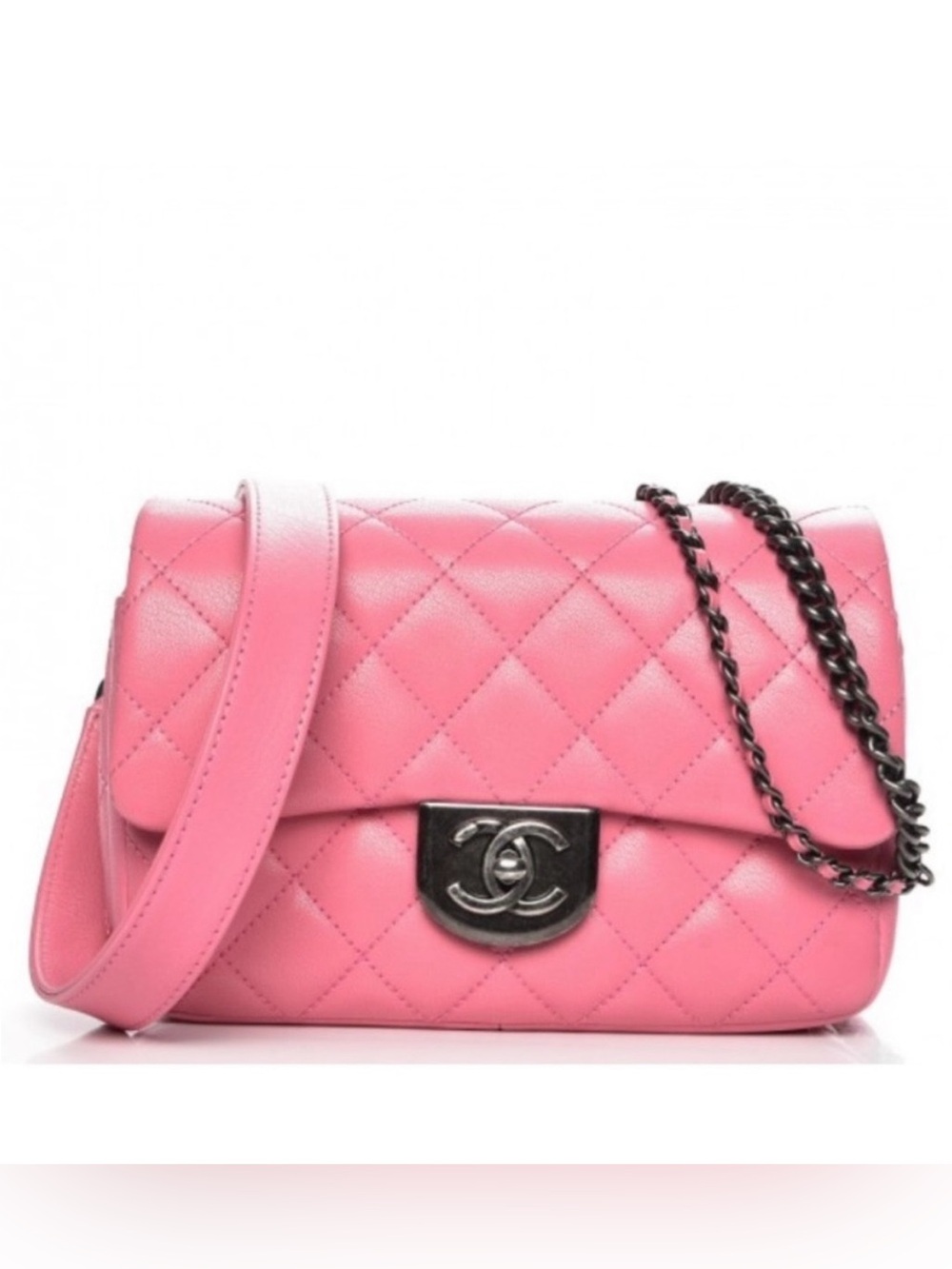 CHANEL Quilted Classic Double Carry Flap Bag, Waist Chain Pink Bag